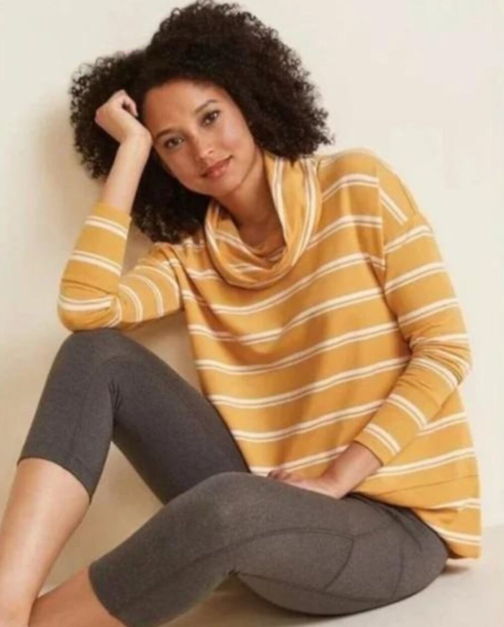 Garnet Hill CowlNeck Knit Tunic Yellow Stripe Tencel Womens Top Shirt Turtleneck